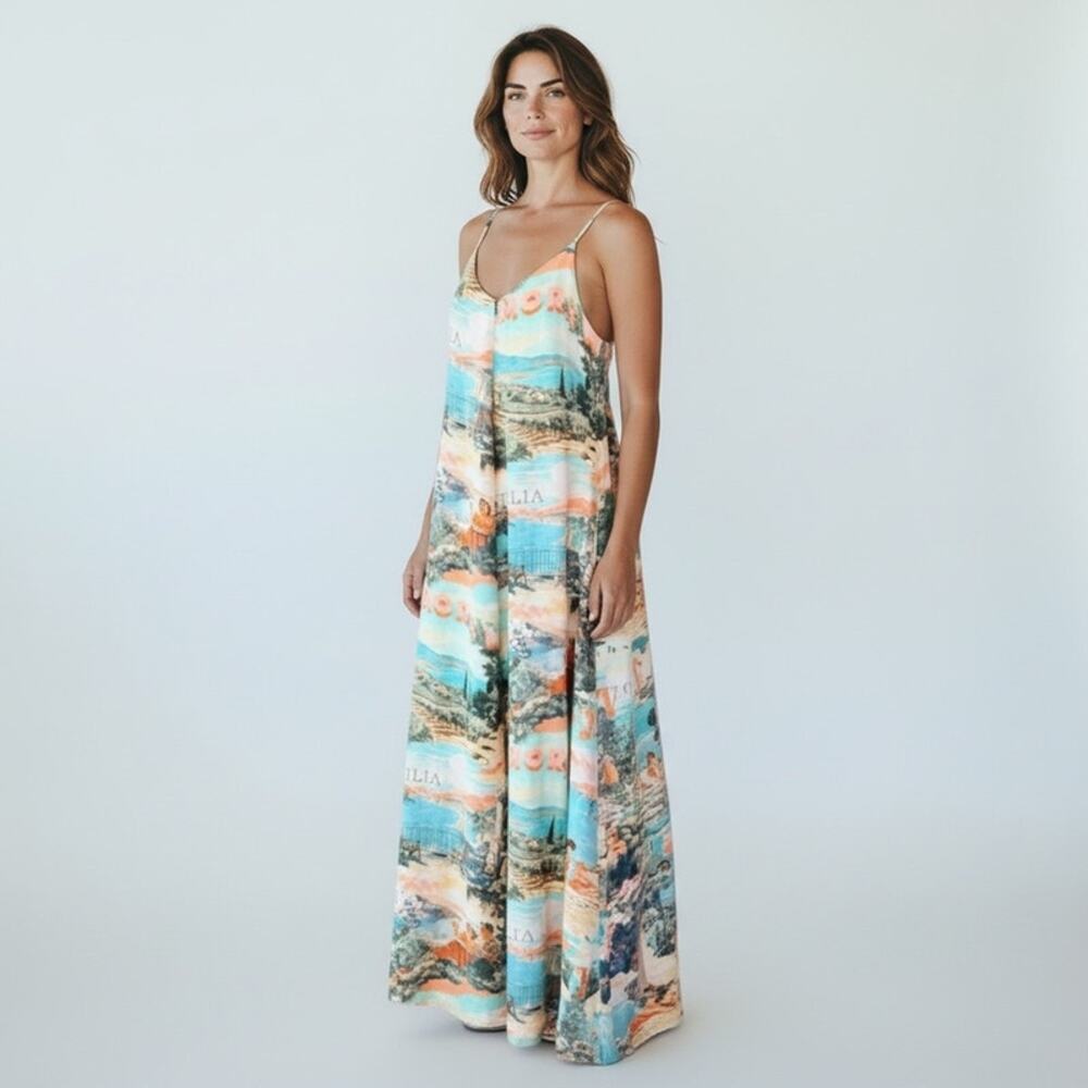 Label Of Love Isadora Maxi Dress Italian Scenic Countryside Print Size S NWT
